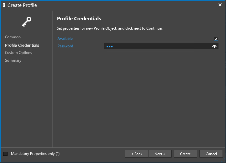 Create Profile Wizard - Profile Credentials