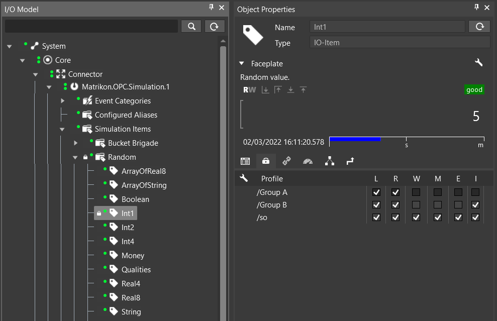 Explicit and Implicit Permissions for Group A Profile on I/O Item