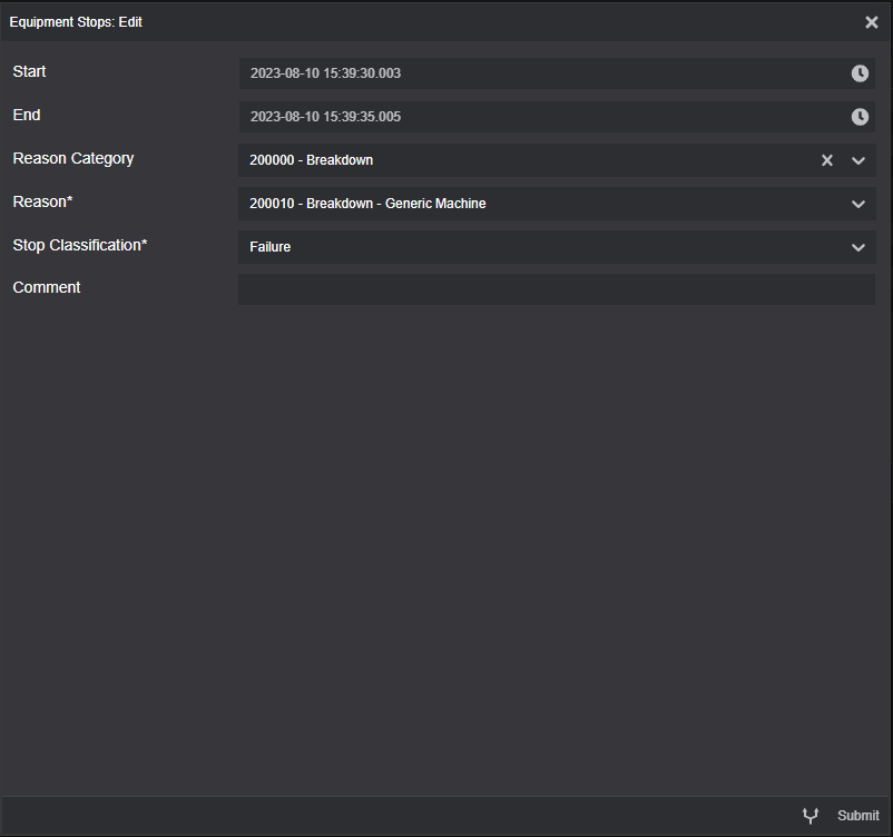 Equipment Stops: Edit Window